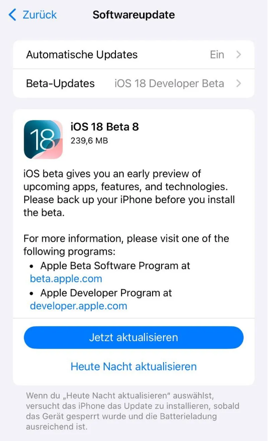 雨山苹果手机维修分享苹果 iOS / iPadOS 18 开发者预览版 Beta 8 发布 